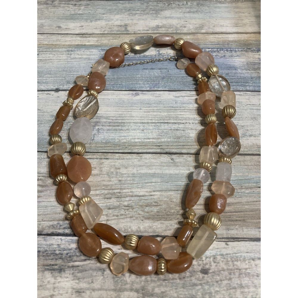 Neutral Acrylic Beads Chunky Gold Tone Necklace 42" Tan‎ Beige foil NWOT